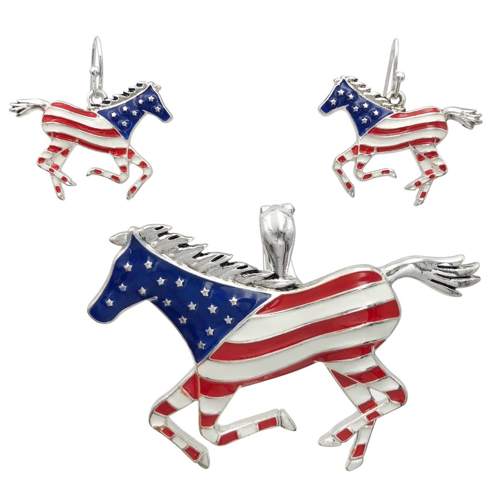 Horse American Flag Pendant & Earrings Set